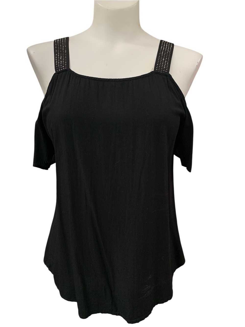 Black Cold-Shoulder Top with Studded Straps Size S